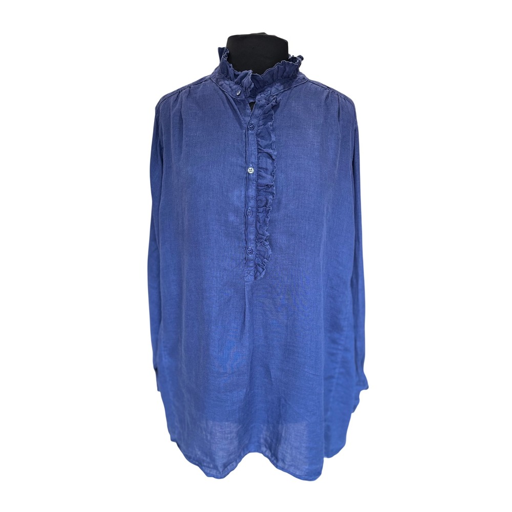 CP Shades Blue Linen Ruffle Collar Henley Tunic Top Long Sleeve Made in USA